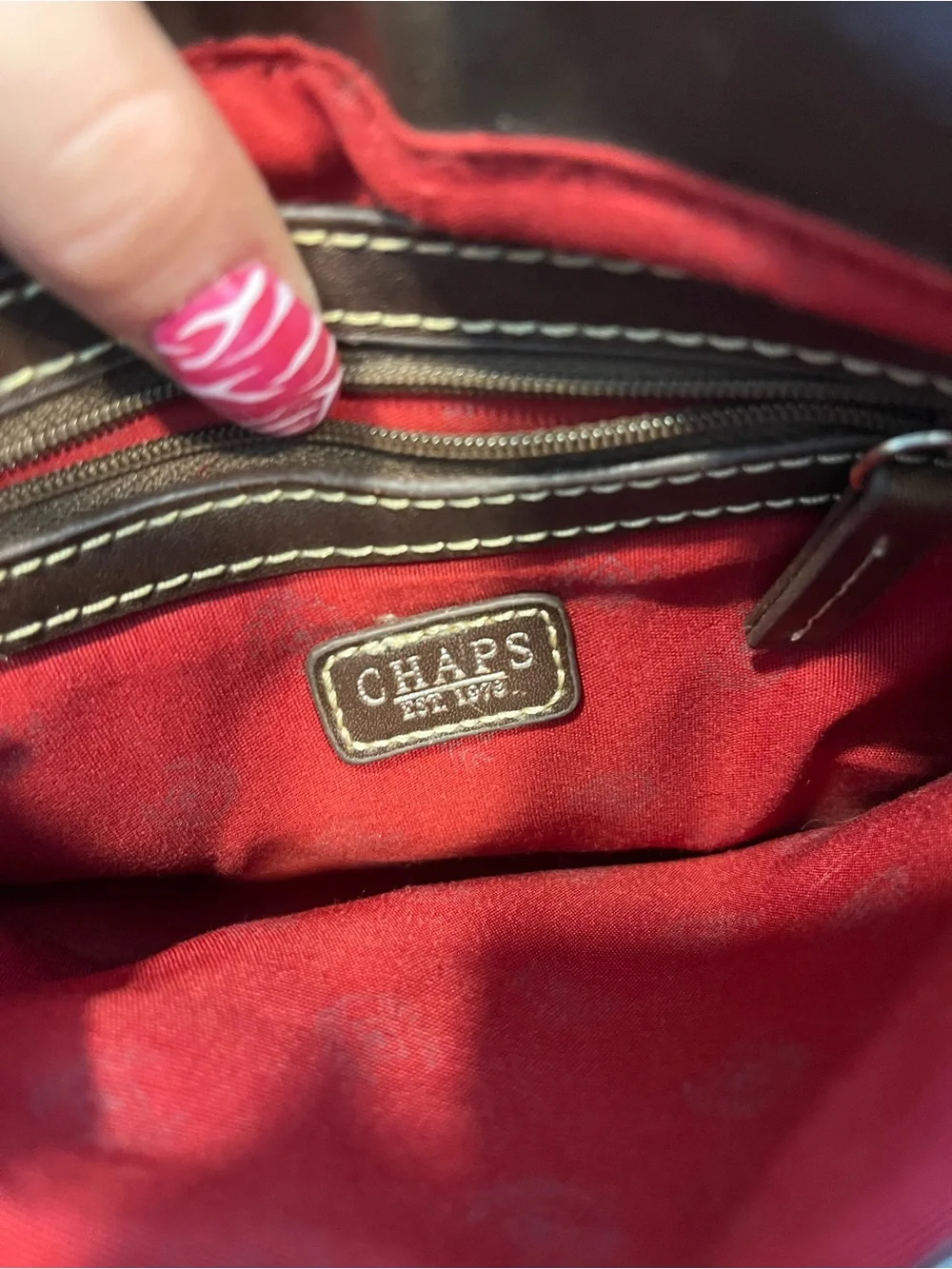Chaps Red Shoulder Bag with Brown Trim and Buckle Detail